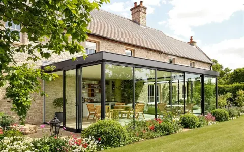 Maison en pierre avec extension moderne, une véranda lumineuse avec cuisine et salle à manger, entourée d'un jardin fleuri.