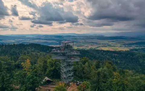 Nowoczesna trójgarb wieża widokowa góruje nad lasem, oferując zapierający dech w piersiach widok na pagórkowaty krajobraz.