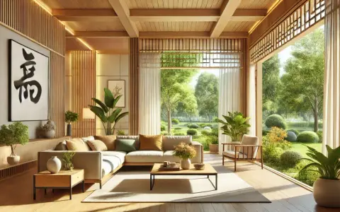 Soggiorno luminoso con divano angolare, tavolino e vista su un giardino rigoglioso, in perfetto stile feng shui.