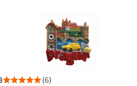 Magnes z widokiem Pragi, mostem, żółtym samochodem i napisem "Prague". Zastanawiasz się, ile kosztuje magnes w Pradze?
