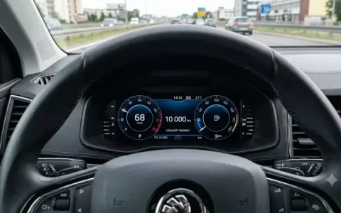 Widok z kabiny samochodu, na desce rozdzielczej widoczny przebieg 10 000 km. To może być średni roczny przebieg samochodu w Polsce.