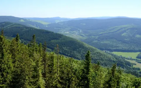 Zielone, zalesione zbocza Gór Opawskich schodzą ku dolinie z polami i zabudowaniami.