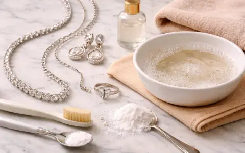 Set per come pulire l'argento gioielli: collana, orecchini, anello, bicarbonato, spazzolino e ciotola con acqua saponata.