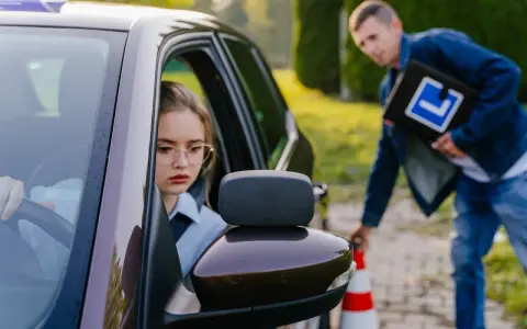 Dziewczyna za kierownicą auta szkoleniowego, instruktor z tablicą "L" obok. Spełnienie wymagań na prawo jazdy kat. A.