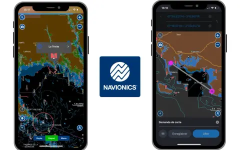 Application de navigation marine Navionics sur deux iPhones affichant des cartes nautiques détaillées.
