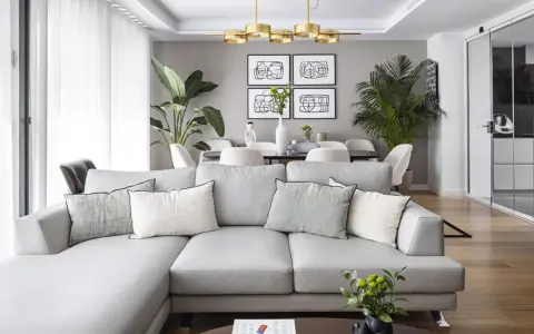 Sofá gris y plantas verdes, ideas de colores para pintar salones pequeños. Paredes neutras y suelo de madera.