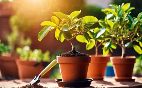 Un petit citronnier prêt à être rempoté dans son nouveau pot en terre cuite, sous un soleil radieux.