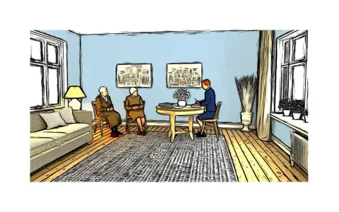 Dos ancianos esperan en una sala de estar azul, uno frente a un escritorio donde un joven revisa un contrato precario.