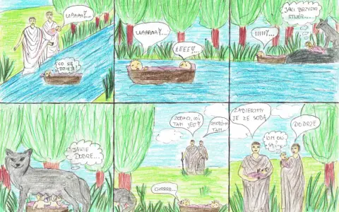 Rysunek komiksowy przedstawia porzucenie niemowląt w koszykach na rzece, które ratuje wilczyca.
