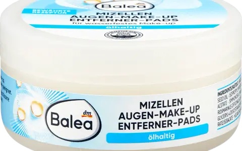 Balea Mizellen Augen-Make-up Entferner Pads, ölhaltig, in weißer Dose mit blauem Etikett.