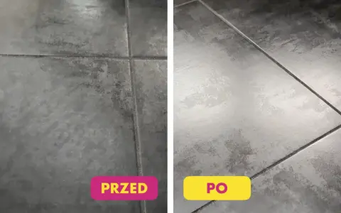 Porównanie podłogi: po lewej brudna, po prawej lśniąca po umyciu.