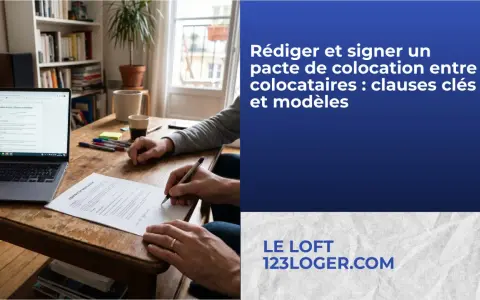 Un homme signe un contrat de colocation sur une table en bois, un ordinateur portable ouvert à côté. Le texte indique "Rédiger et signer un pacte de colocation".
