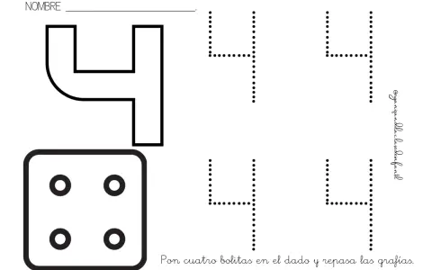 Fichas número 4 infantil: un dado con cuatro puntos y el número 4 para repasar. ¡Aprende el número cuatro!