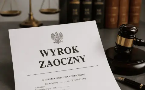 Dokument "Wyrok zaoczny" na biurku prawnika, obok młotka sędziowskiego i wagi sprawiedliwości. Czas na sprzeciw od wyroku zaocznego.