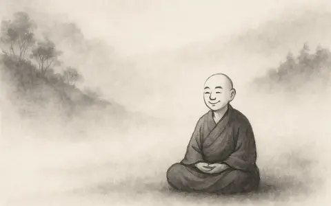 A smiling hermit monk sits in meditation amidst a misty, mountainous landscape.