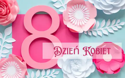 Różowa ósemka i kwiaty z papieru tworzą dekorację na Dzień Kobiet.