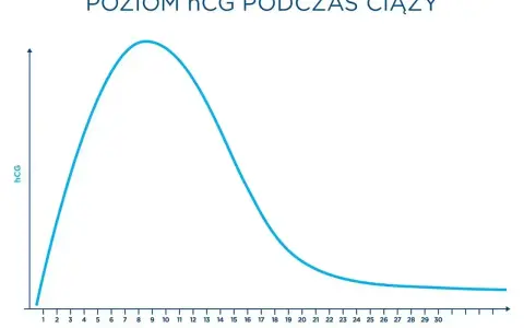 Wykres pokazuje przyrost beta hcg w pierwszych tygodniach ciąży, osiągając szczyt około 9-10 tygodnia, a następnie stopniowo spada.