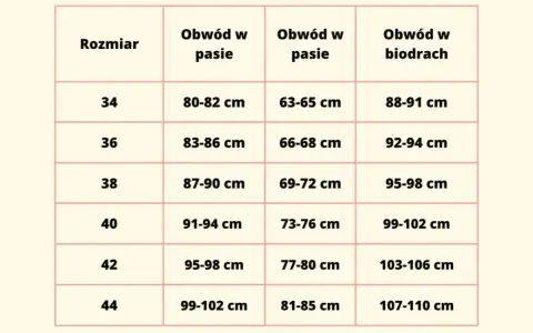 Tabela rozmiarów od 34 do 44. Rozmiar 40 odpowiada obwodowi w pasie 91-94 cm i biodrach 99-102 cm.
