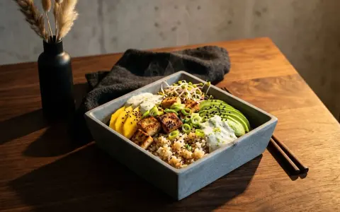Eine köstliche vegane Sushi Bowl mit Reis, Avocado, Mango, Tofu und Sprossen.