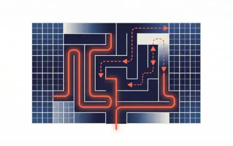 Un labyrinthe complexe avec une ligne orange lumineuse traversant les panneaux solaires. La sortie est loin s'en faut.