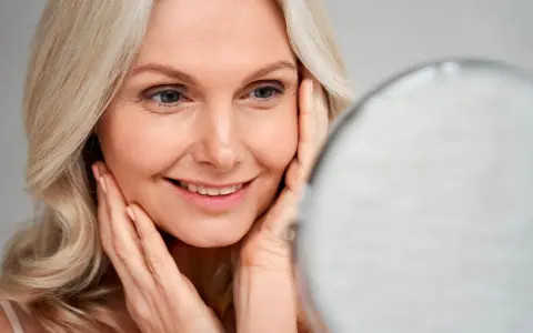 Une femme blonde sourit en se regardant dans un miroir, ses mains caressant son visage. Le maquillage paupière tombante avant après est subtil.