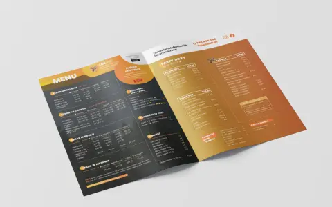 Materiały promocyjne przykłady: menu z ofertą kebabów, boxów i dodatków.