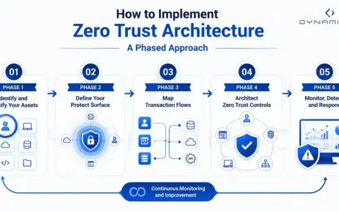 Diagram illustrating the 5 phases of implementing Zero Trust Architecture, inspired by NIST SP 800-207, from asset identification to continuous monitoring.