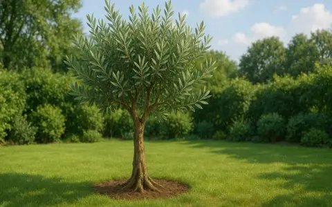 Ein junger Olivenbaum steht auf einer grünen Wiese. Seine Äste sind mit vielen Blättern bedeckt. Die richtige **Olivenbaum Pflege** sorgt für ein gesundes Wachstum.