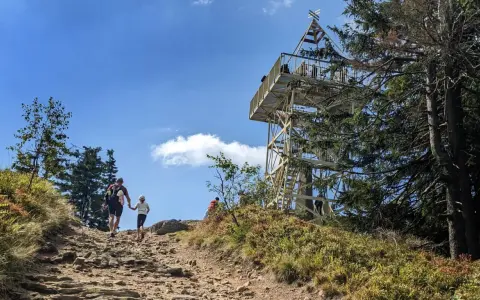 Rodzina wspina się kamienistym szlakiem na Baranią Górę, w tle widoczna wieża widokowa.