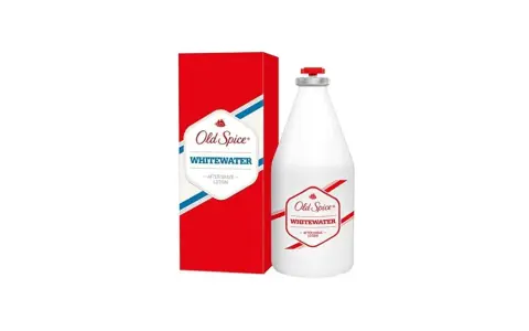 Woda po goleniu Old Spice Whitewater w białej butelce z czerwonym akcentem i pudełkiem.