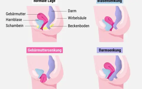 Schematische Darstellung des Beckenbodens: Normale Lage, Blasensenkung, Gebärmuttersenkung und Darmsenksung nach der Geburt.