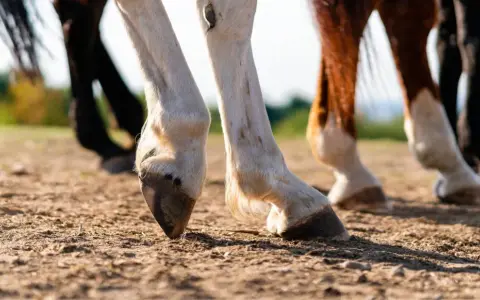 Gros plan sur les sabots de plusieurs chevaux, dont un bai et un pie, marchant sur un sol terreux. La lumière du soleil met en valeur la texture du sol et le poil des animaux.