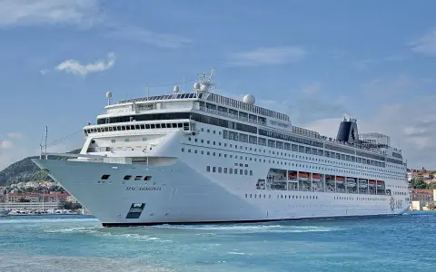 La MSC Armonia, con la sua impressionante lunghezza, solca le acque azzurre vicino a una costa collinare.