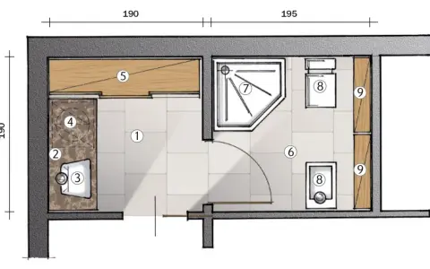 Progetto di un bagno con antibagno senza porta. Include lavabo, doccia, WC e lavatrice.