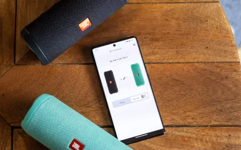 Dwa głośniki JBL Flip 4, czarny i zielony, połączone przez aplikację JBL Connect+ w trybie stereo.