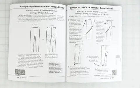 Diagramas de costura para ajustar patrones de pantalones desequilibrados, mostrando cómo corregir costuras torcidas y arrugas.