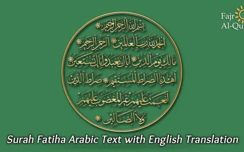 Goldene Kalligraphie der Surah Al-Fatihah auf grünem Hintergrund. Der Text beginnt mit "Im Namen Allahs, des Allerbarmers, des Barmherzigen".
