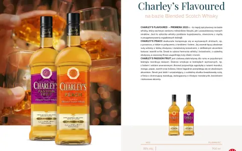 Dwie butelki Charley's Flavoured: brzoskwiniowa i marakuja. Opinie o Charley's whisky sugerują bogactwo smaków.