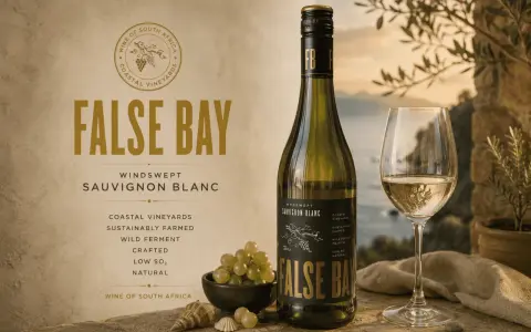 Butelka i kieliszek wina False Bay Sauvignon Blanc, z winogronami i muszlami. Poprawna sauvignon blanc wymowa to klucz do delektowania się tym winem.