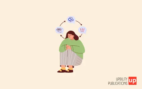 Une personne assise, le regard perdu, entourée de bulles de pensée symbolisant le chaos mental, les engrenages et l'alerte. Une illustration qui évoque les défis du TSA Asperger.