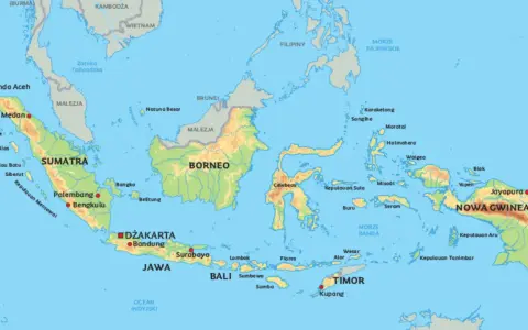 Mapa Indonezji pokazuje, gdzie jest Bali, między Sumatrą a Nową Gwineą, na południe od Borneo.