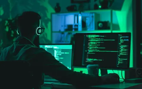Programista w słuchawkach z podświetleniem pracuje nad kodem na dwóch monitorach. To jego kolejny przypadek testowy.
