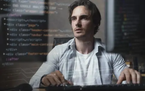 Mężczyzna pracuje nad kodem, tworząc aplikację full stack. W tle widać fragmenty kodu HTML i JavaScript.