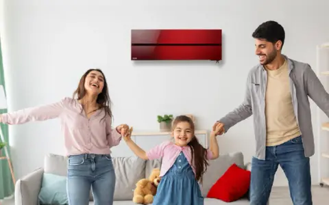 Familia feliz bailando en una sala con aire acondicionado inverter rojo. Disfrutan del confort y bajo consumo kwh.