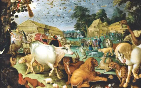 Noah's ark, ein antiker dreiruderer, füllt sich mit Tieren aller Art, während Menschen sie an Bord führen. Vögel schwärmen am Himmel.