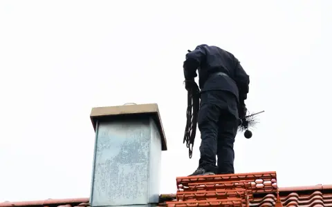 Kominiarz na dachu z narzędziami. Sprawdź, jaka jest opinia kominiarska cena za jego usługi.