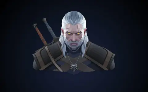 Geralt z Rivii, wiedźmin z wilczym medalionem i dwoma mieczami, patrzy groźnie. Jego oczy świecą na żółto, a twarz naznaczona jest bliznami.