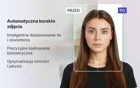 Automatyczna korekta zdjęcia z precyzyjnym kadrowaniem biometrycznym. Zobacz, jak inteligentne dostosowanie tła i oświetlenia poprawia jakość.