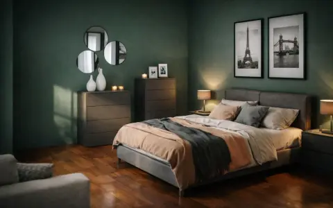 Camera da letto con pareti verde scuro, letto accogliente, due comodini con lampade, cassettiere e quadri di Parigi e Londra.