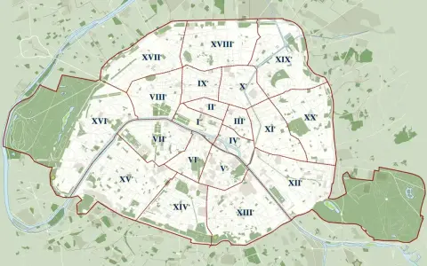 Mapa Paryża z podziałem na dzielnice (arrondissements). Plan pomoże Ci zdecydować, gdzie spać w Paryżu, wybierając najlepszą lokalizację.